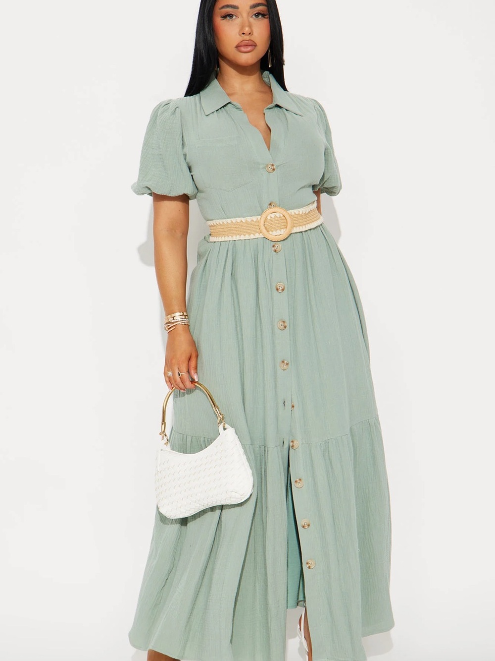Sage Button-Front Cotton Maxi Shirt Dress with Puff Sleeves